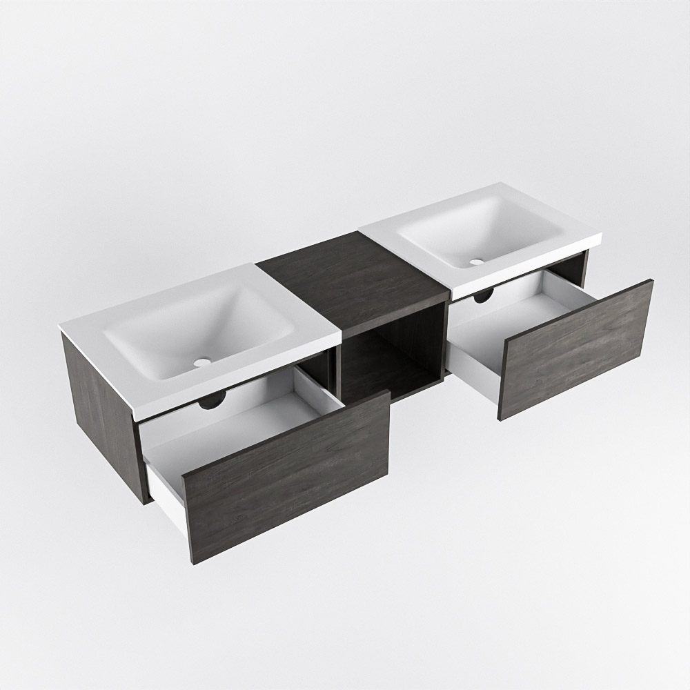 MONDIAZ BUKLA 160cm mueble de baño con módulo abierto 40 Dark Brown 2 cajones. Lavabo CLOUD duble 2 orificios color Talc 4 MONDIAZ BUKLA 160cm mueble de baño con módulo abierto 40 Dark Brown 2 cajones. Lavabo CLOUD duble 2 orificios color Talc - Imagen 4