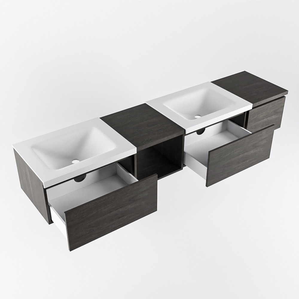 MONDIAZ BUKLA 200cm mueble de baño con módulo abierto 40 izquierda Dark Brown 3 cajones. Lavabo CLOUD duble 2 orificios color Talc 4 MONDIAZ BUKLA 200cm mueble de baño con módulo abierto 40 izquierda Dark Brown 3 cajones. Lavabo CLOUD duble 2 orificios color Talc - Imagen 4