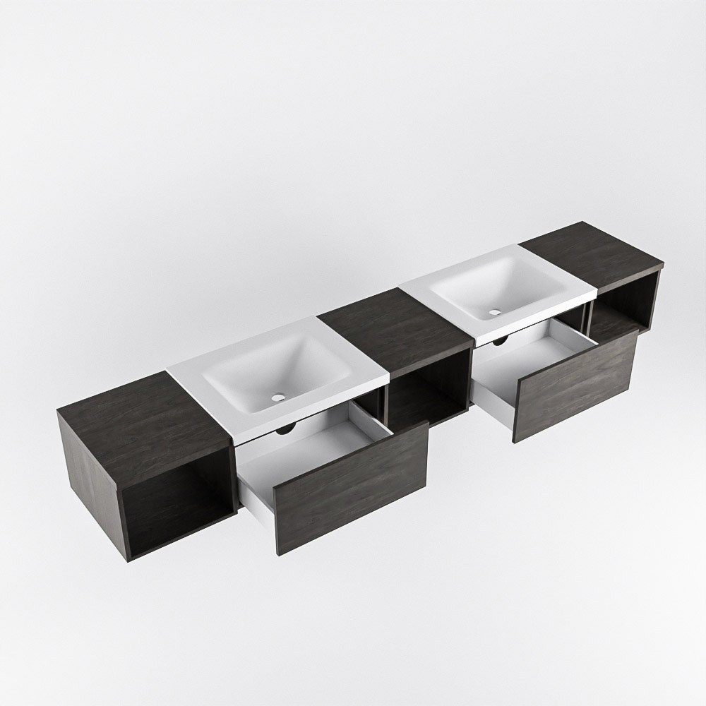 MONDIAZ BUKLA 240cm mueble de baño con módulo abierto 40 izquierda + centro + derecho Dark Brown 2 cajones. Lavabo CLOUD duble 2 orificios color Talc 4 MONDIAZ BUKLA 240cm mueble de baño con módulo abierto 40 izquierda + centro + derecho Dark Brown 2 cajones. Lavabo CLOUD duble 2 orificios color Talc - Imagen 4