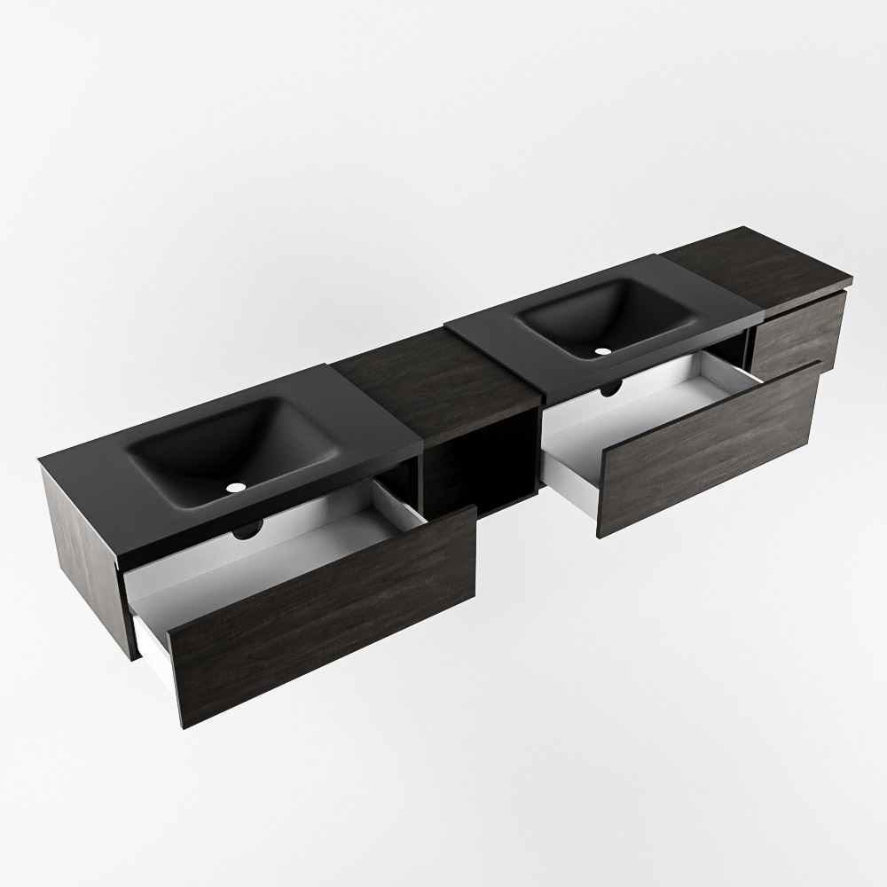 MONDIAZ BUKLA 240cm mueble de baño con módulo abierto 40 izquierda Dark Brown 3 cajones. Lavabo CLOUD duble 2 orificios color Urban 4 MONDIAZ BUKLA 240cm mueble de baño con módulo abierto 40 izquierda Dark Brown 3 cajones. Lavabo CLOUD duble 2 orificios color Urban - Imagen 4