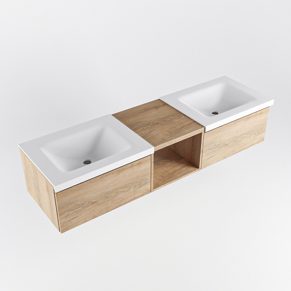 MONDIAZ BUKLA 160cm mueble de baño con módulo abierto 40 Washed Oak 2 cajones. Lavabo CLOUD duble 2 orificios color Talc 5 MONDIAZ BUKLA 160cm mueble de baño con módulo abierto 40 Washed Oak 2 cajones. Lavabo CLOUD duble 2 orificios color Talc - Imagen 5