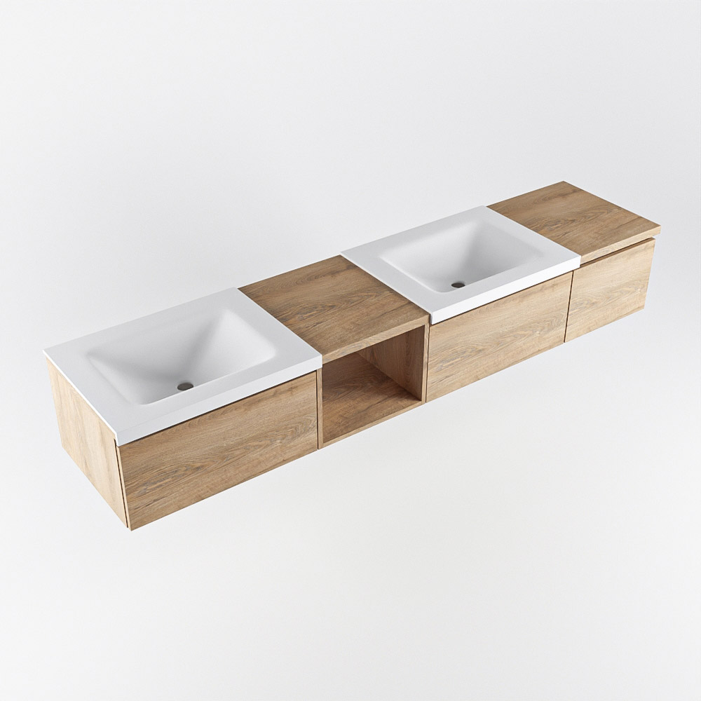 MONDIAZ BUKLA 200cm mueble de baño con módulo abierto 40 izquierda Washed Oak 3 cajones. Lavabo CLOUD duble 2 orificios color Talc 5 MONDIAZ BUKLA 200cm mueble de baño con módulo abierto 40 izquierda Washed Oak 3 cajones. Lavabo CLOUD duble 2 orificios color Talc - Imagen 5
