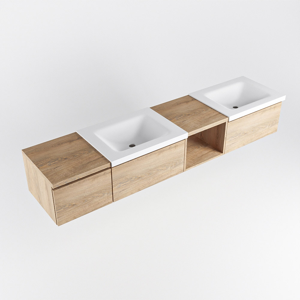 MONDIAZ BUKLA 200cm mueble de baño con módulo abierto 40 derecho Washed Oak 3 cajones. Lavabo CLOUD duble sin orificios color Talc 5 MONDIAZ BUKLA 200cm mueble de baño con módulo abierto 40 derecho Washed Oak 3 cajones. Lavabo CLOUD duble sin orificios color Talc - Imagen 5