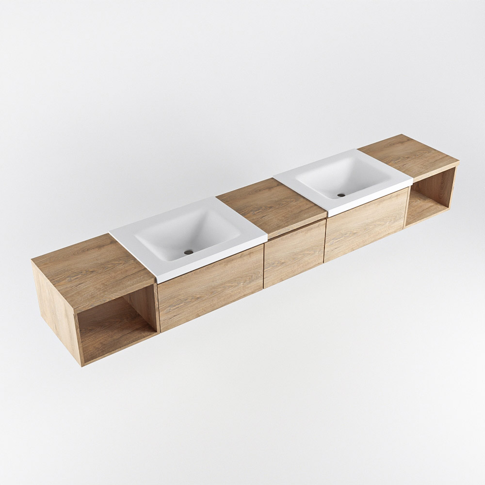 MONDIAZ BUKLA 240cm mueble de baño con módulo abierto 40 izquierda + derecho Washed Oak 3 cajones. Lavabo CLOUD duble 2 orificios color Talc 5 MONDIAZ BUKLA 240cm mueble de baño con módulo abierto 40 izquierda + derecho Washed Oak 3 cajones. Lavabo CLOUD duble 2 orificios color Talc - Imagen 5