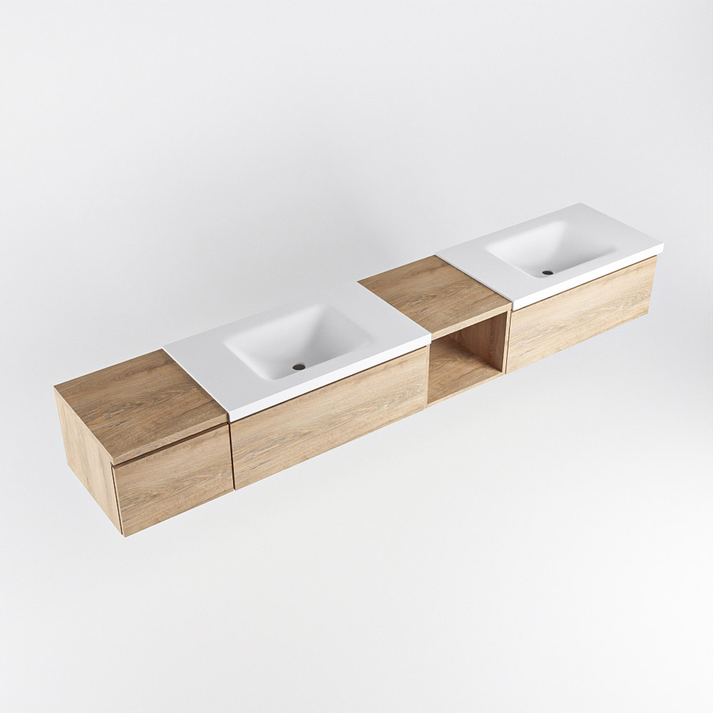 MONDIAZ BUKLA 240cm mueble de baño con módulo abierto 40 derecho Washed Oak 3 cajones. Lavabo CLOUD duble sin orificios color Talc 5 MONDIAZ BUKLA 240cm mueble de baño con módulo abierto 40 derecho Washed Oak 3 cajones. Lavabo CLOUD duble sin orificios color Talc - Imagen 5