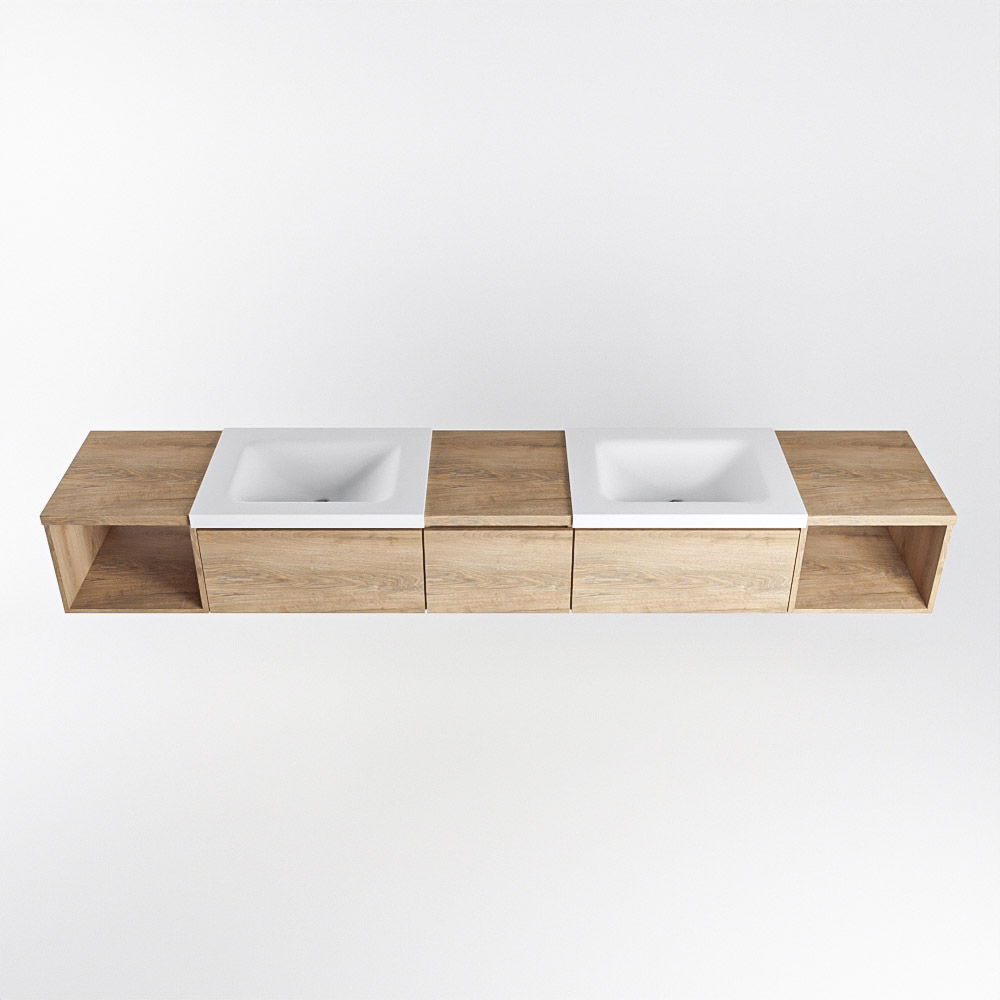MONDIAZ BUKLA 240cm mueble de baño con módulo abierto 40 izquierda + derecho Washed Oak 3 cajones. Lavabo CLOUD duble 2 orificios color Talc 6 MONDIAZ BUKLA 240cm mueble de baño con módulo abierto 40 izquierda + derecho Washed Oak 3 cajones. Lavabo CLOUD duble 2 orificios color Talc - Imagen 6