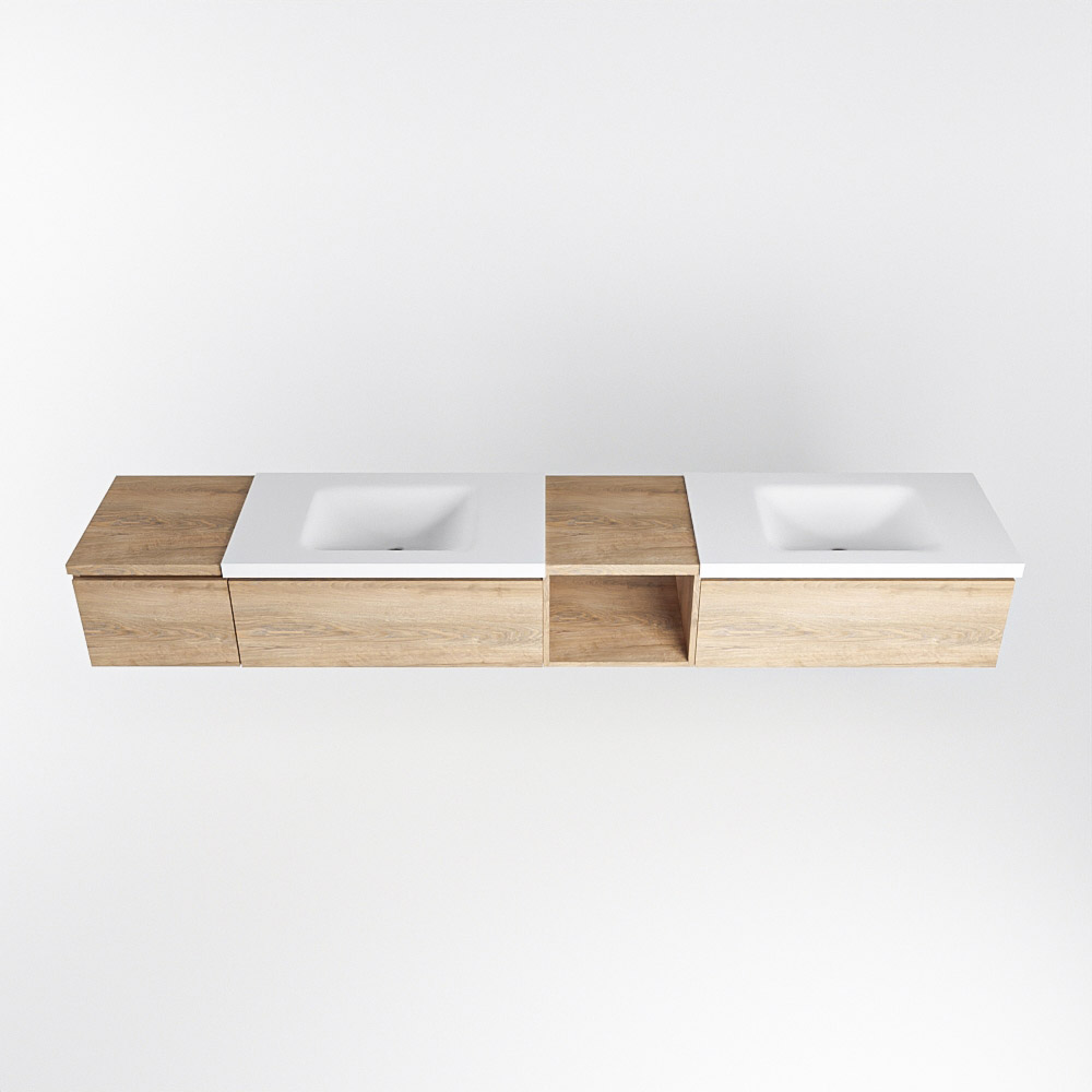 MONDIAZ BUKLA 240cm mueble de baño con módulo abierto 40 derecho Washed Oak 3 cajones. Lavabo CLOUD duble sin orificios color Talc 6 MONDIAZ BUKLA 240cm mueble de baño con módulo abierto 40 derecho Washed Oak 3 cajones. Lavabo CLOUD duble sin orificios color Talc - Imagen 6
