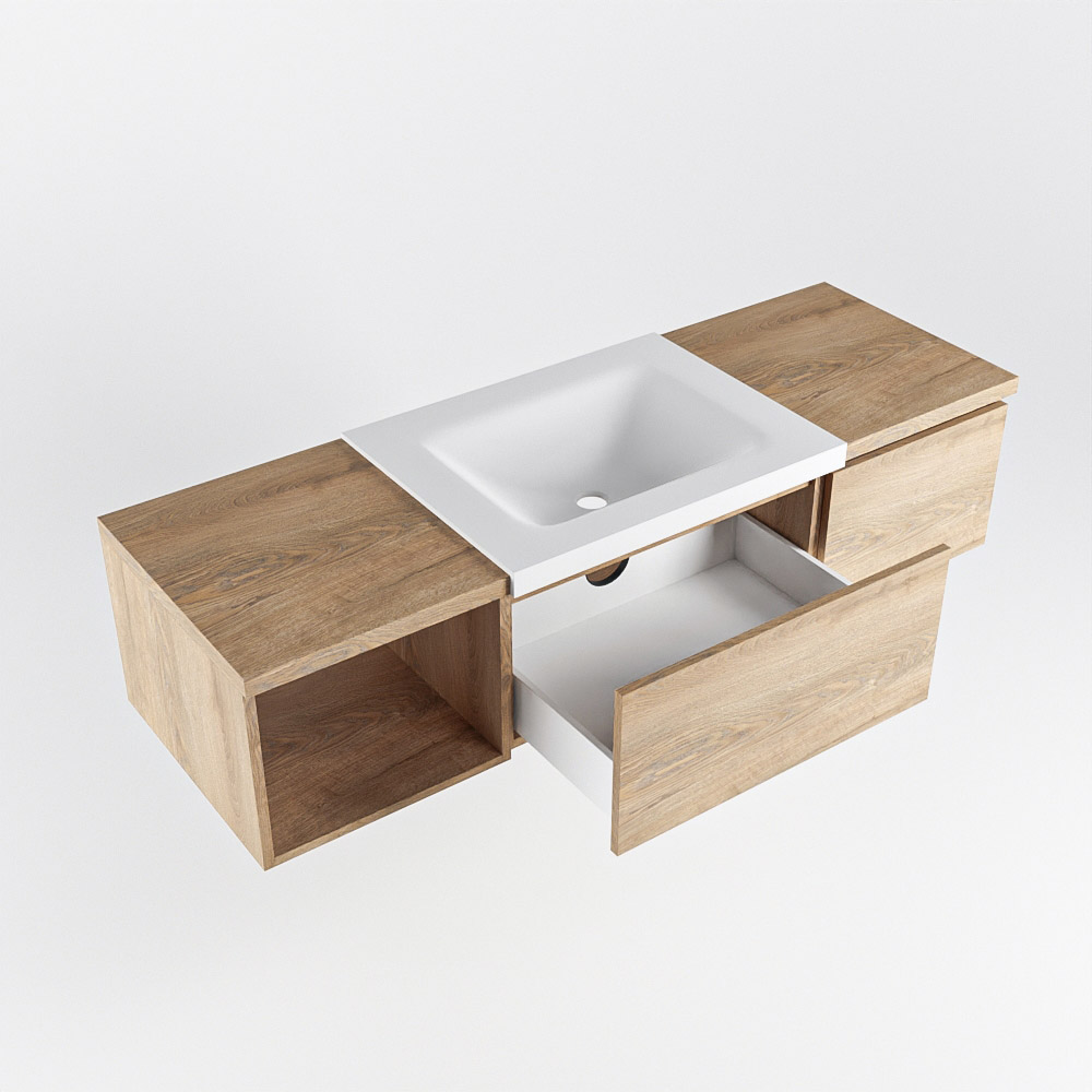 MONDIAZ BUKLA 140cm mueble de baño con módulo abierto 40 izquierda Washed Oak 2 cajones. Lavabo CLOUD centro 1 orificio color Talc 4 MONDIAZ BUKLA 140cm mueble de baño con módulo abierto 40 izquierda Washed Oak 2 cajones. Lavabo CLOUD centro 1 orificio color Talc - Imagen 4