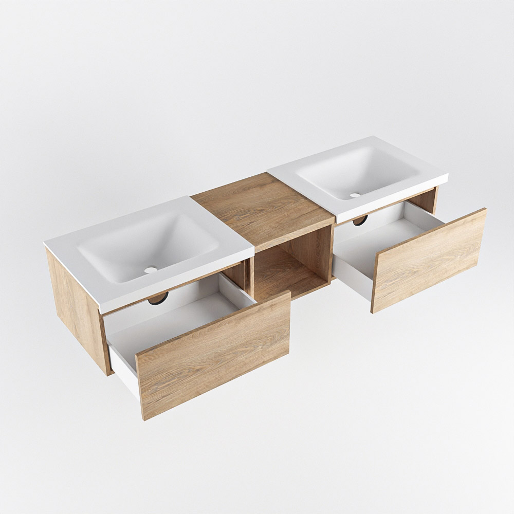 MONDIAZ BUKLA 160cm mueble de baño con módulo abierto 40 Washed Oak 2 cajones. Lavabo CLOUD duble 2 orificios color Talc 4 MONDIAZ BUKLA 160cm mueble de baño con módulo abierto 40 Washed Oak 2 cajones. Lavabo CLOUD duble 2 orificios color Talc - Imagen 4