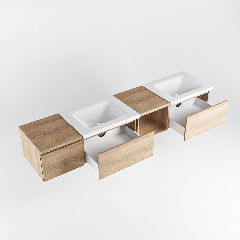 MONDIAZ BUKLA 200cm mueble de baño con módulo abierto 40 derecho Washed Oak 3 cajones. Lavabo CLOUD duble sin orificios color Talc 4 MONDIAZ BUKLA 200cm mueble de baño con módulo abierto 40 derecho Washed Oak 3 cajones. Lavabo CLOUD duble sin orificios color Talc - Imagen 4