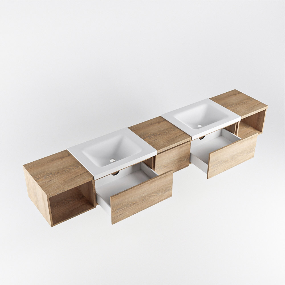 MONDIAZ BUKLA 240cm mueble de baño con módulo abierto 40 izquierda + derecho Washed Oak 3 cajones. Lavabo CLOUD duble 2 orificios color Talc 4 MONDIAZ BUKLA 240cm mueble de baño con módulo abierto 40 izquierda + derecho Washed Oak 3 cajones. Lavabo CLOUD duble 2 orificios color Talc - Imagen 4