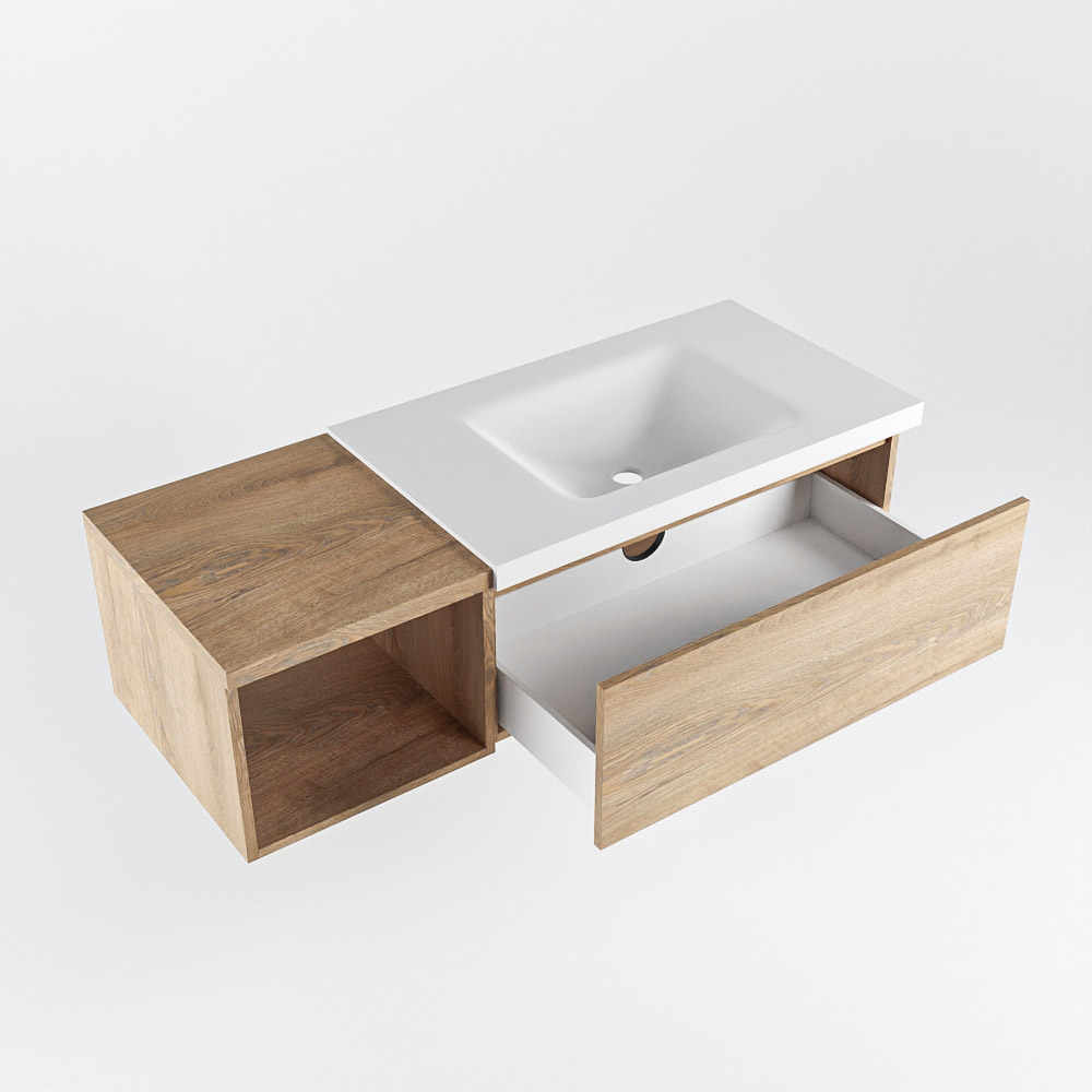 MONDIAZ BUKLA 120cm mueble de baño con módulo abierto 40 Washed Oak 1 cajón. Lavabo CLOUD derecho sin orificios color Talc 4 MONDIAZ BUKLA 120cm mueble de baño con módulo abierto 40 Washed Oak 1 cajón. Lavabo CLOUD derecho sin orificios color Talc - Imagen 4