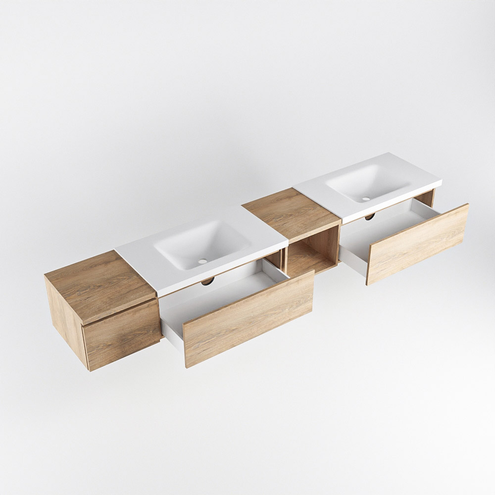 MONDIAZ BUKLA 240cm mueble de baño con módulo abierto 40 derecho Washed Oak 3 cajones. Lavabo CLOUD duble sin orificios color Talc 4 MONDIAZ BUKLA 240cm mueble de baño con módulo abierto 40 derecho Washed Oak 3 cajones. Lavabo CLOUD duble sin orificios color Talc - Imagen 4