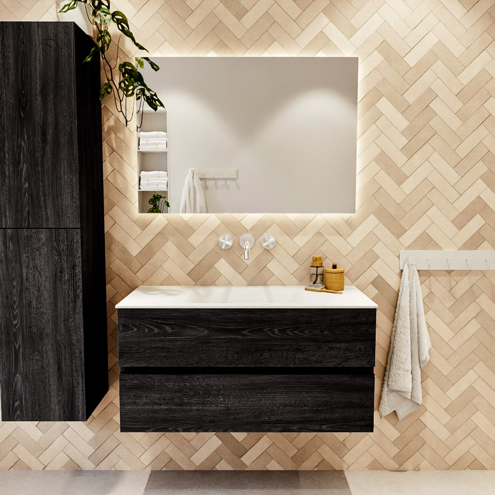 MONDIAZ VICA 100cm mueble de baño Antracite 2 cajones. Lavabo CLOUD Centro sin orificio color Talc con espejo LED. 2 MONDIAZ VICA 100cm mueble de baño Antracite 2 cajones. Lavabo CLOUD Centro sin orificio color Talc con espejo LED. - Imagen 2