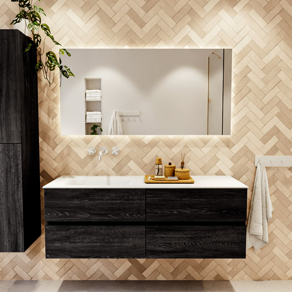 MONDIAZ VICA 140cm mueble de baño Antracite 4 cajones. Lavabo CLOUD Izquierda sin orificio, color Talc. 2 color Talc.