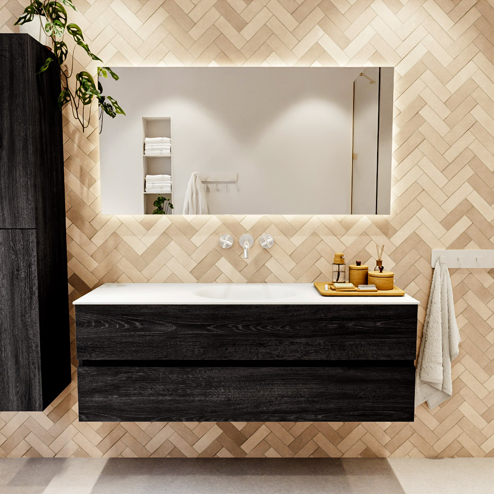 MONDIAZ VICA 140cm mueble de baño Antracite 2 cajones. Lavabo MOON Centro sin orificio, color Talc. 2 color Talc.