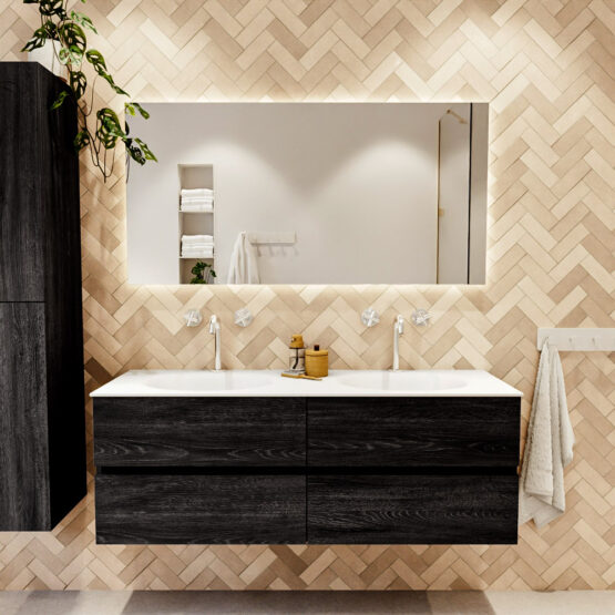 MONDIAZ VICA 140cm mueble de baño Antracite 4 cajones. Lavabo MOON Doble 2 orificios