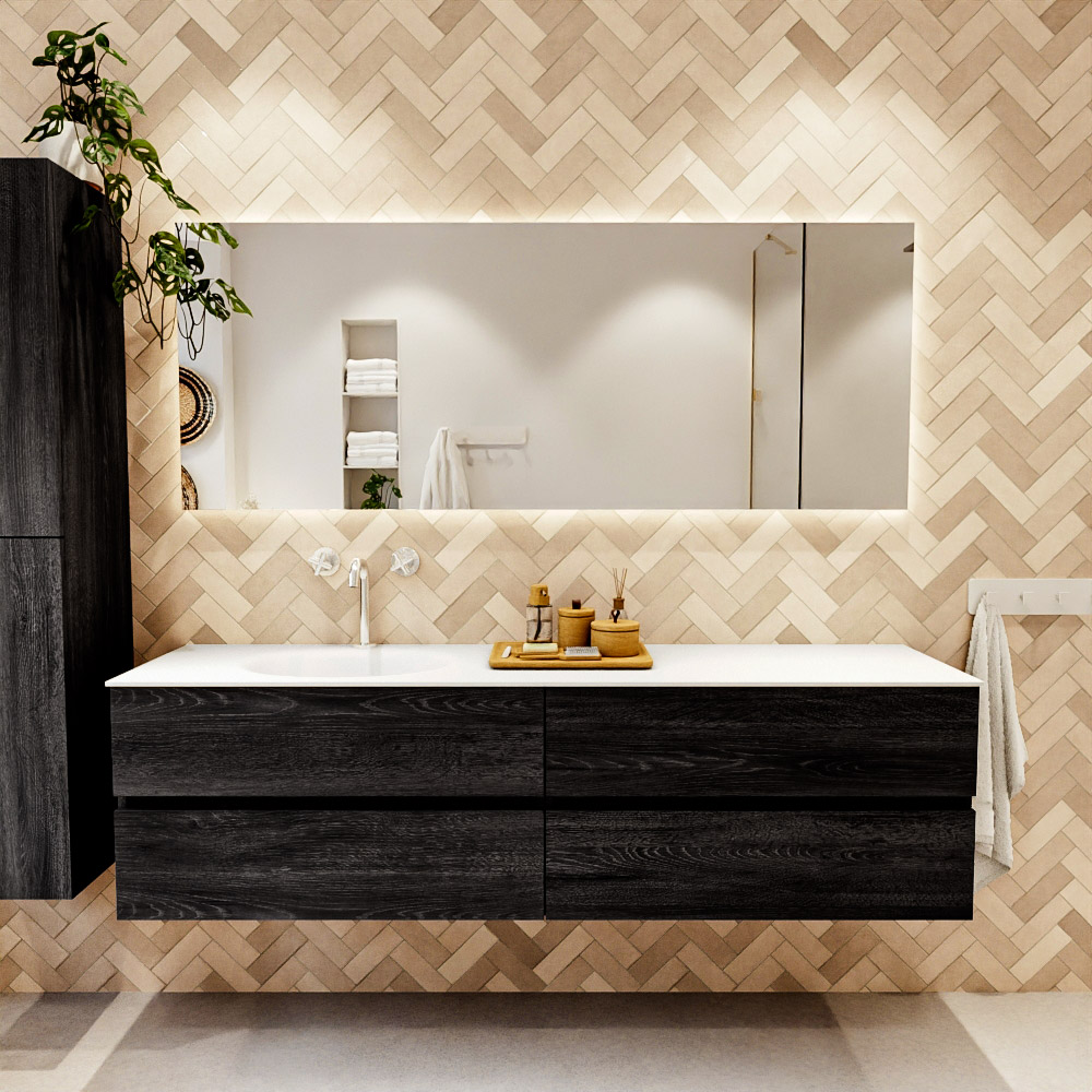 MONDIAZ VICA 180cm mueble de baño Antracite 4 cajones. Lavabo MOON Izquierda 1 orificio, color Talc. 2 color Talc.