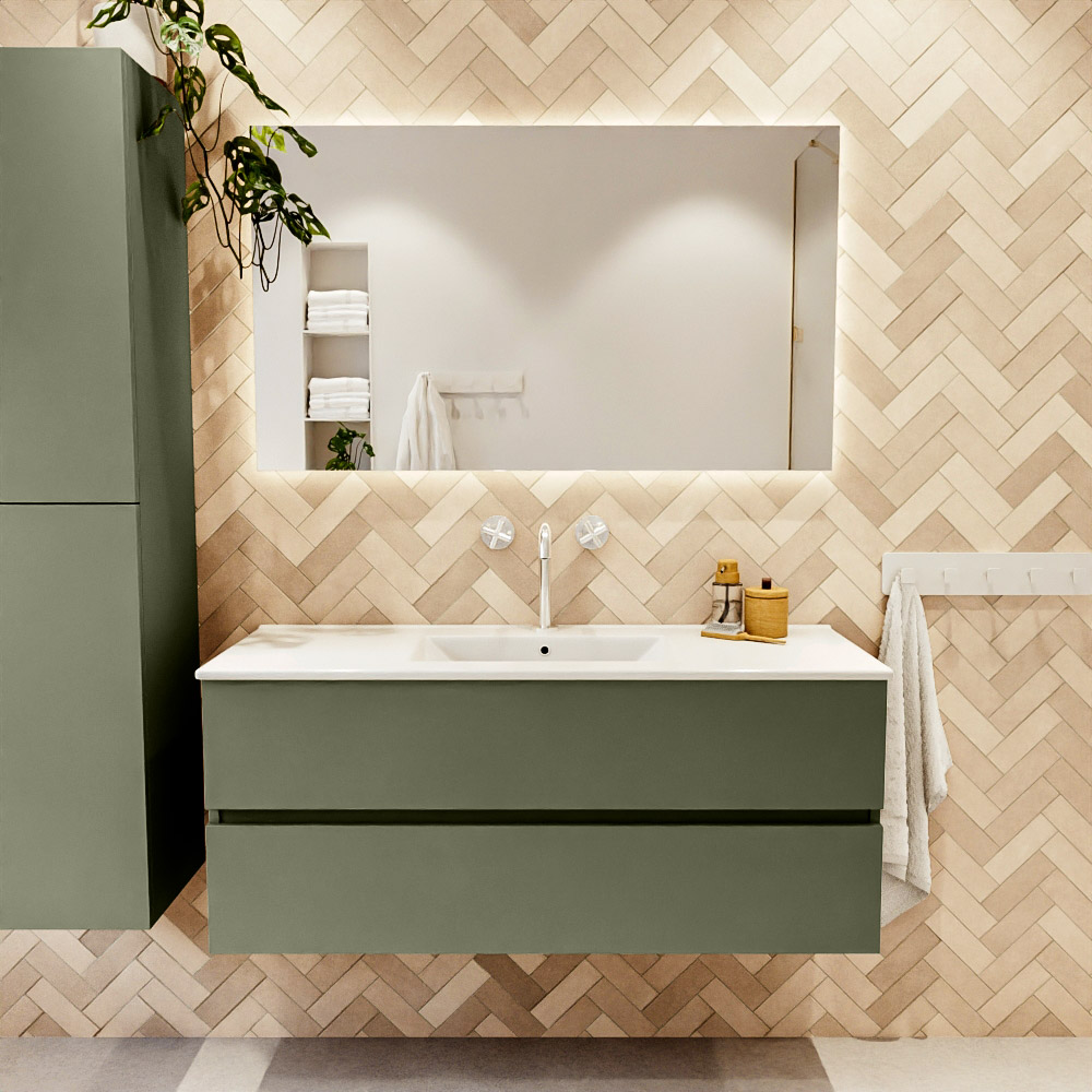 MONDIAZ VICA 120cm mueble de baño Army 2 cajones. Lavabo DENIA Centro 1 orificio, color Blanco brillo. 2 color Blanco brillo.