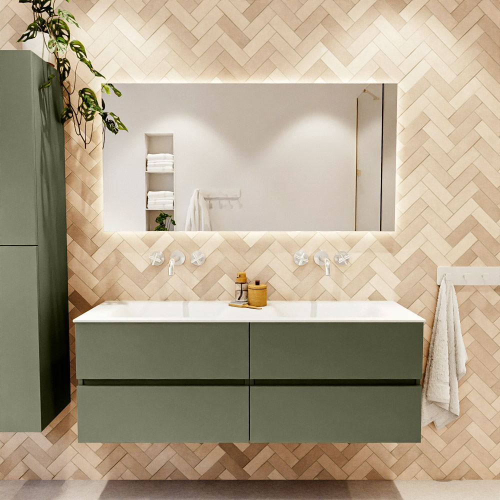 MONDIAZ VICA 140cm mueble de baño Army 4 cajones. Lavabo MOON Doble sin orificio, color Talc. 2 color Talc.