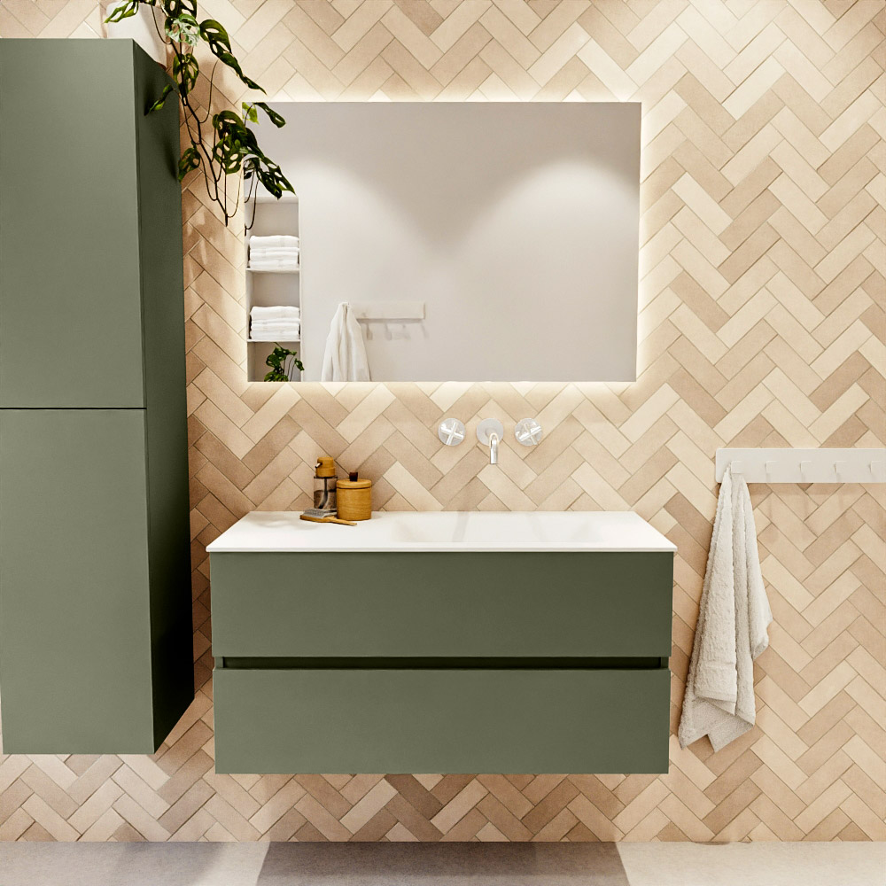 MONDIAZ VICA 100cm mueble de baño Army 2 cajones. Lavabo MOON Derecho sin orificio color Talc con espejo LED. 2 MONDIAZ VICA 100cm mueble de baño Army 2 cajones. Lavabo MOON Derecho sin orificio color Talc con espejo LED. - Imagen 2