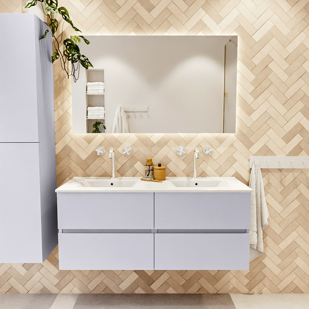 MONDIAZ VICA 120cm mueble de baño Cale 4 cajones. Lavabo DENIA Doble 2 orificios, color Blanco brillo. 2 color Blanco brillo.