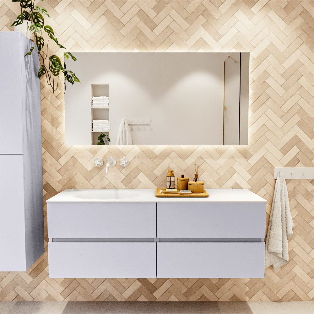 MONDIAZ VICA 140cm mueble de baño Cale 4 cajones. Lavabo MOON Izquierda sin orificio, color Talc. 2 color Talc.