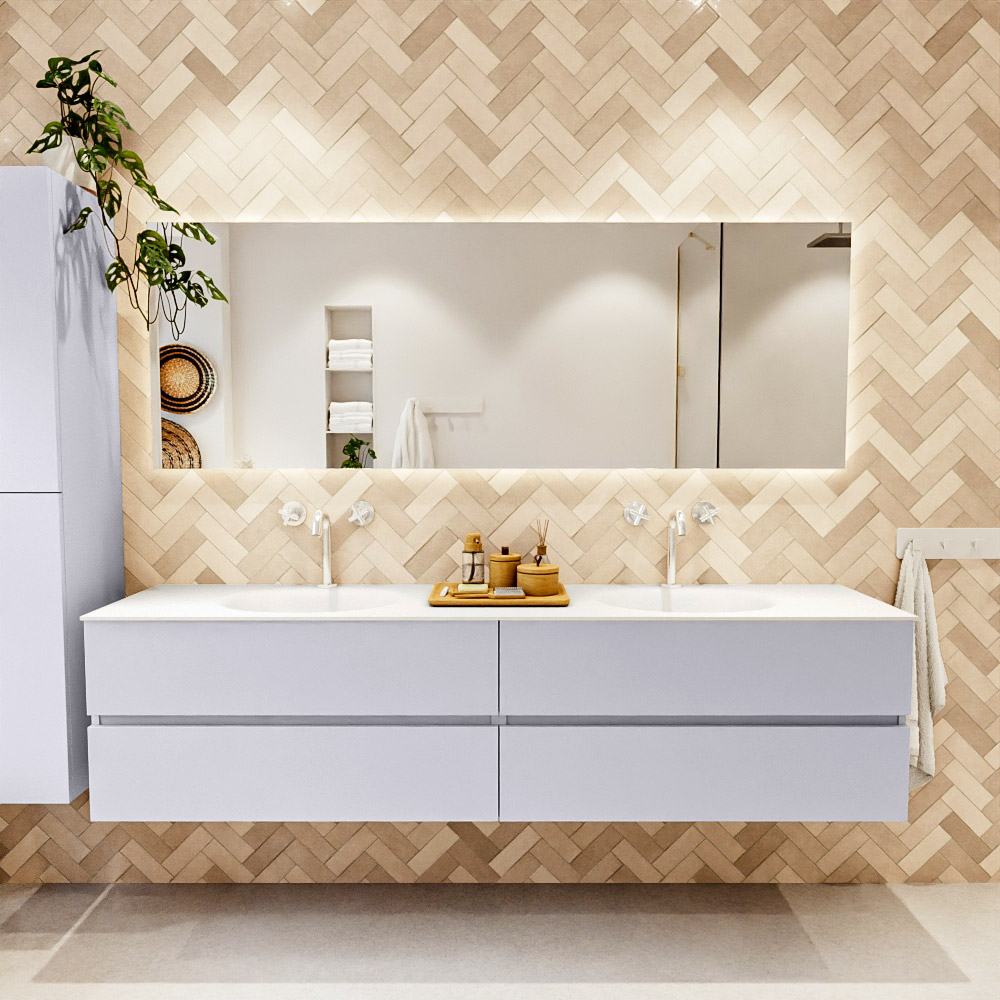 MONDIAZ VICA 200cm mueble de baño Cale 4 cajones. Lavabo MOON Doble 2 orificios, color Talc. 2 color Talc.