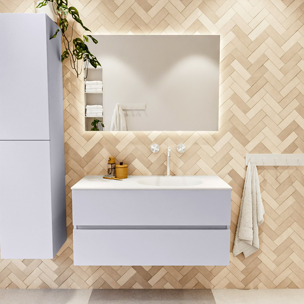 MONDIAZ VICA 100cm mueble de baño Cale 2 cajones. Lavabo MOON Derecho 1 orificio color Talc con espejo LED. 2 MONDIAZ VICA 100cm mueble de baño Cale 2 cajones. Lavabo MOON Derecho 1 orificio color Talc con espejo LED. - Imagen 2