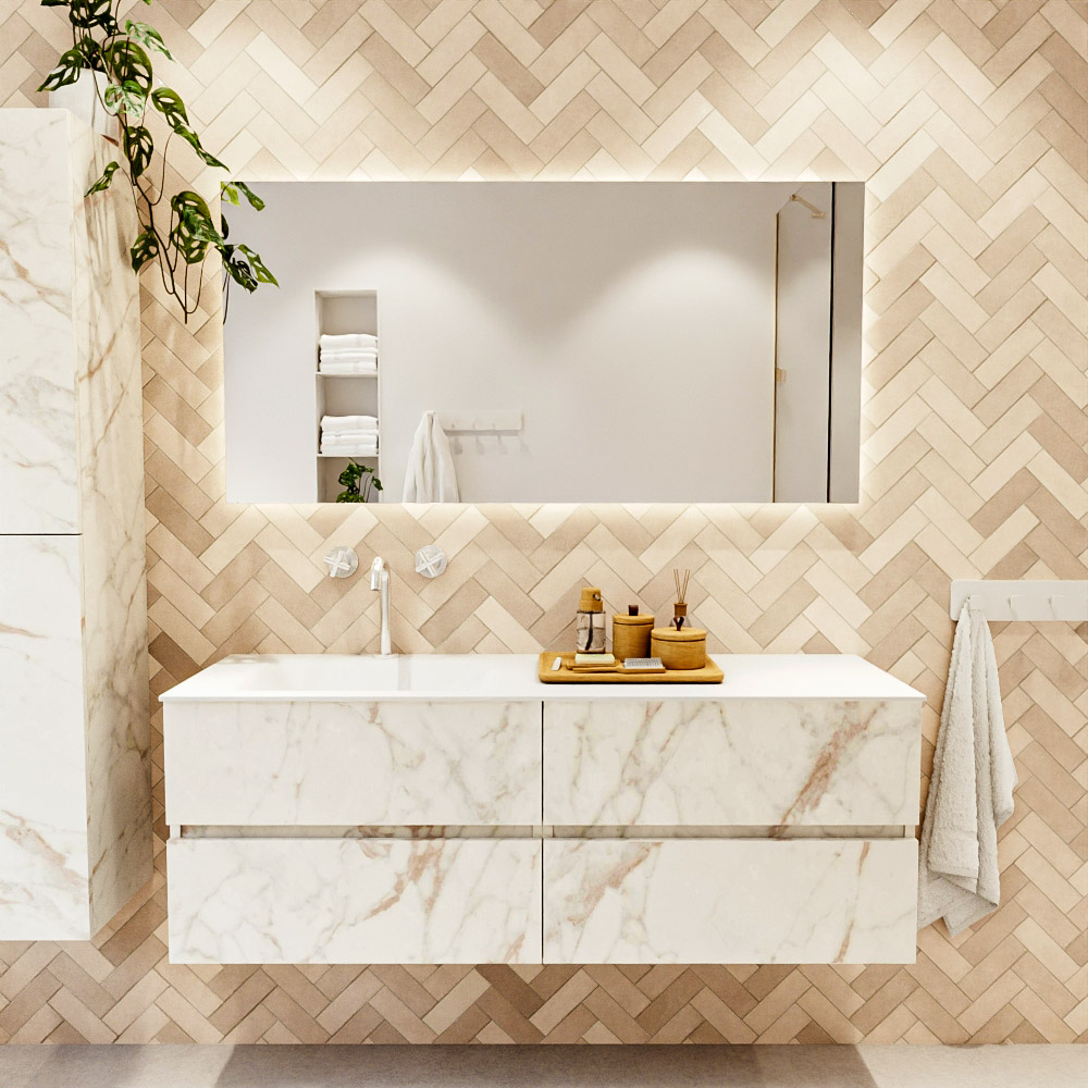 MONDIAZ VICA 140cm mueble de baño Carrara 4 cajones. Lavabo CLOUD Izquierda 1 orificio, color Talc. 2 color Talc.