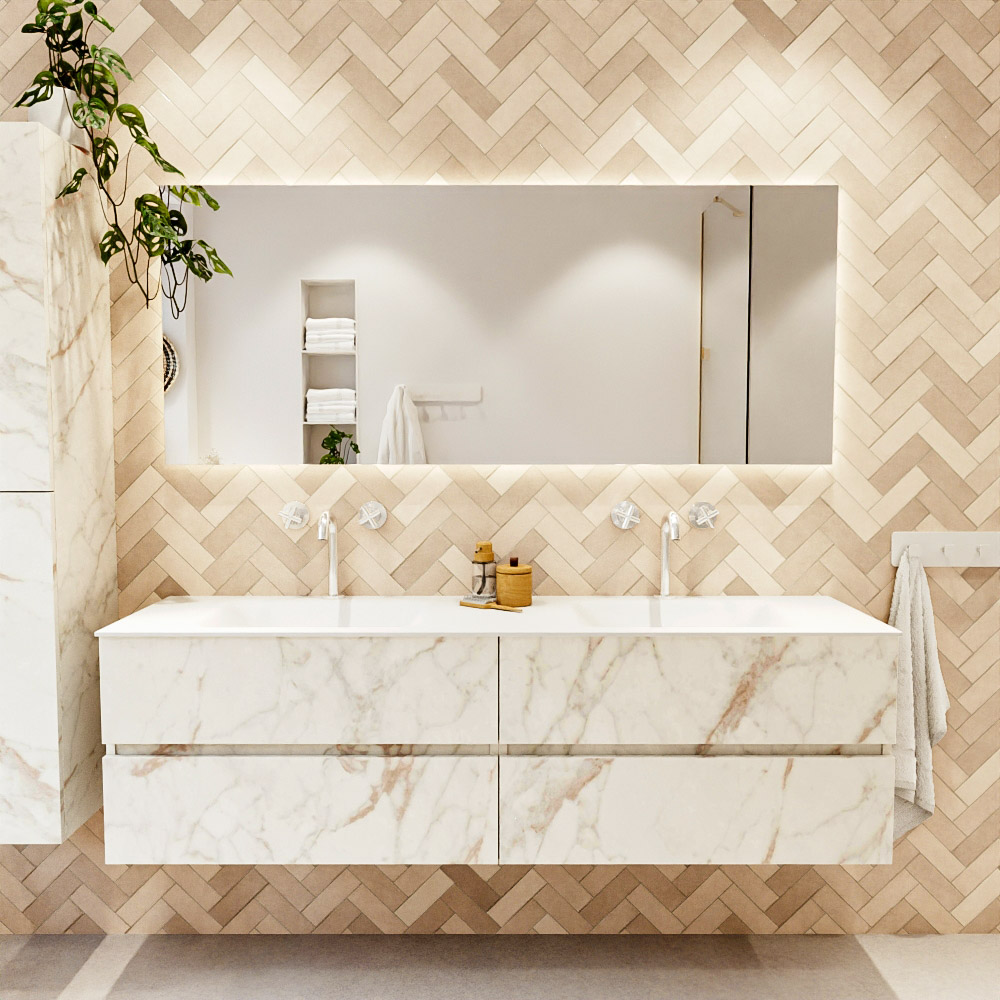 MONDIAZ VICA 170cm mueble de baño Carrara 4 cajones. Lavabo CLOUD Doble 2 orificios, color Talc. 2 color Talc.