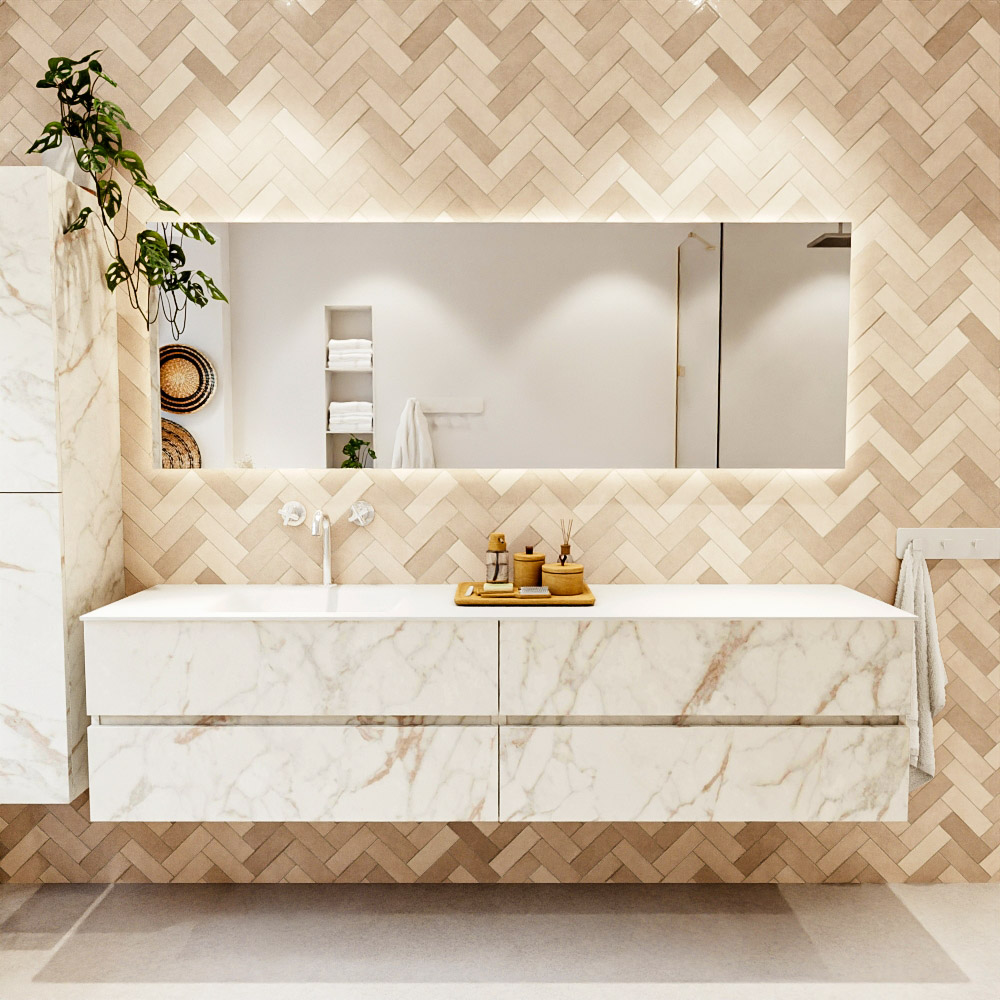 MONDIAZ VICA 200cm mueble de baño Carrara 4 cajones. Lavabo CLOUD Izquierda 1 orificio, color Talc. 2 color Talc.