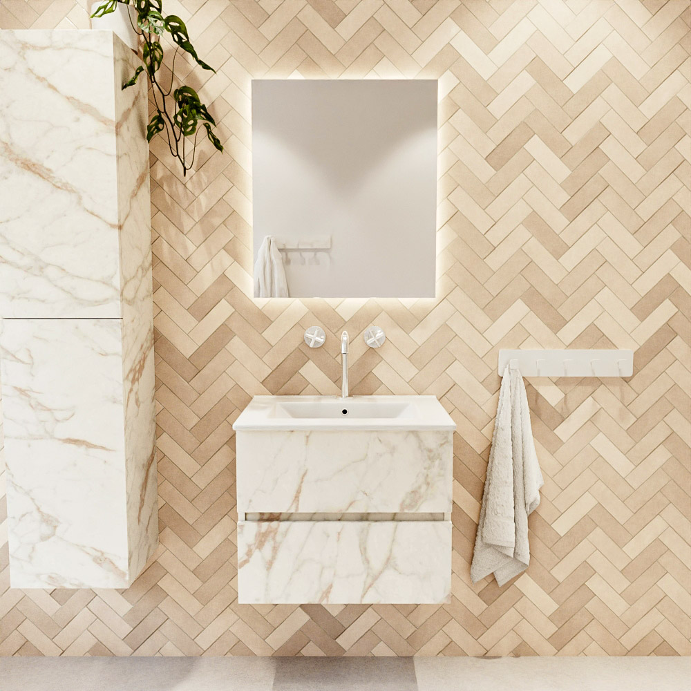 MONDIAZ VICA 60cm mueble de baño Carrara 2 cajones. Lavabo DENIA Centro 1 orificio, color Blanco brillo. 2 color Blanco brillo.