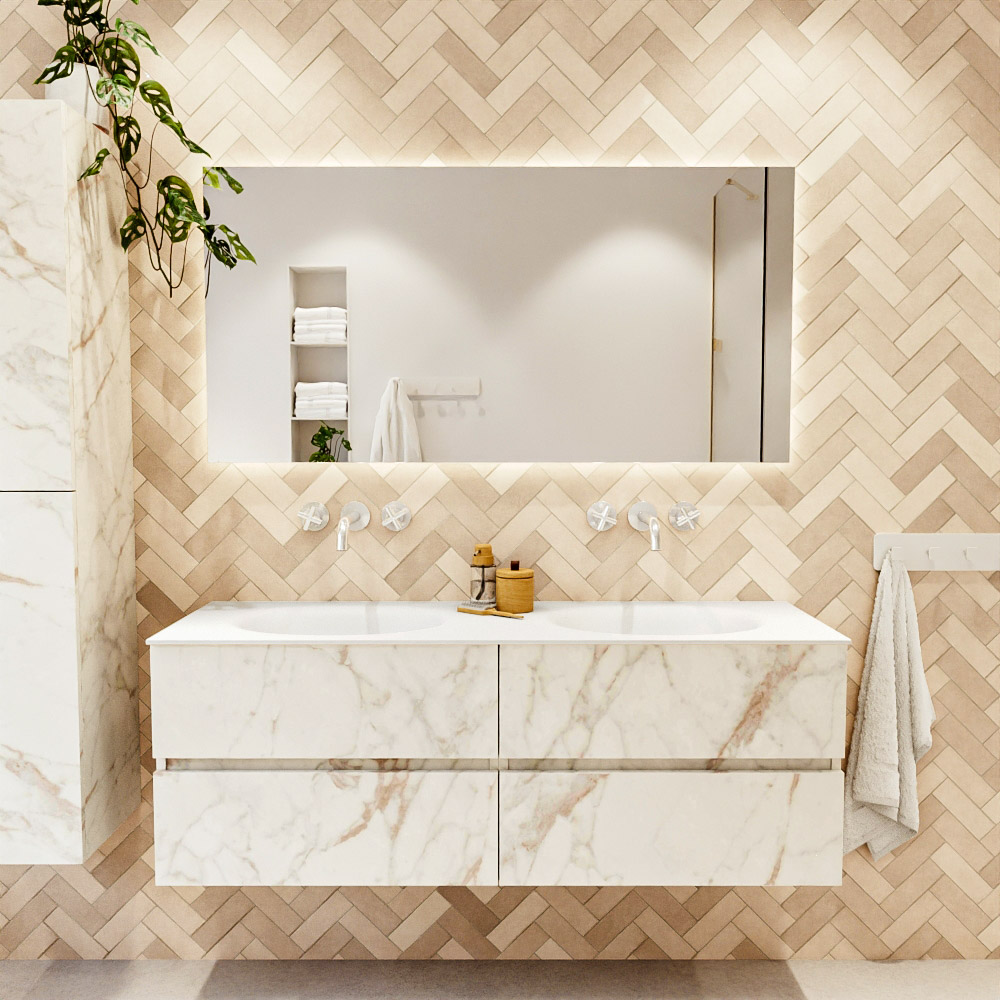 MONDIAZ VICA 140cm mueble de baño Carrara 4 cajones. Lavabo MOON Doble sin orificio, color Talc. 2 color Talc.