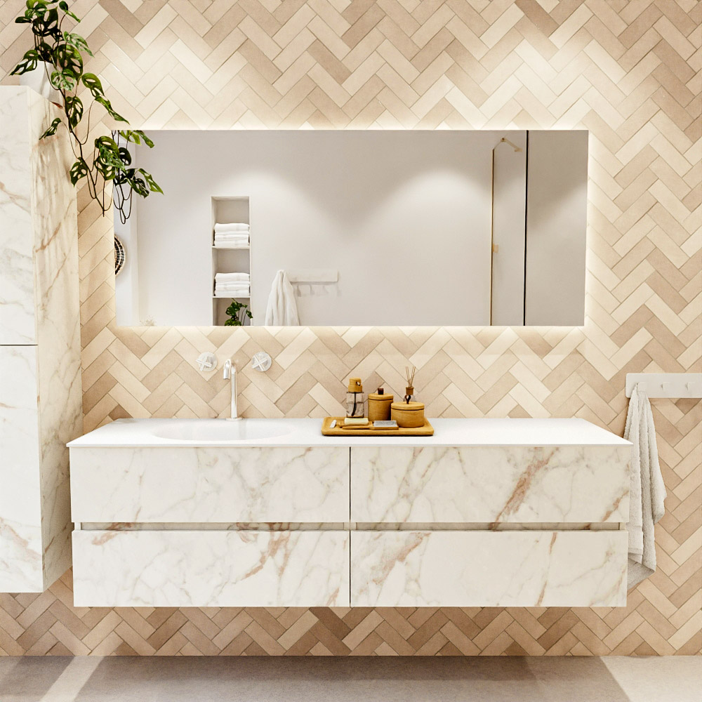 MONDIAZ VICA 170cm mueble de baño Carrara 4 cajones. Lavabo MOON Izquierda 1 orificio, color Talc. 2 color Talc.