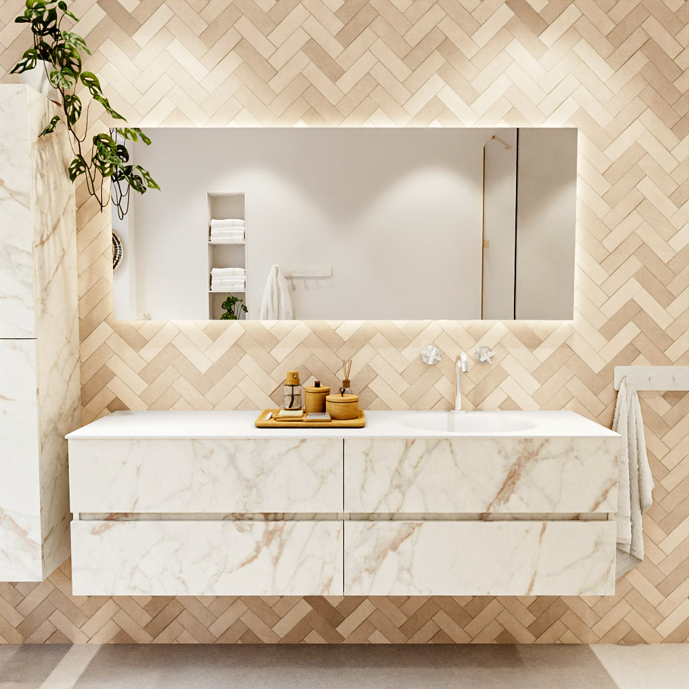 MONDIAZ VICA 170cm mueble de baño Carrara 4 cajones. Lavabo MOON Derecho 1 orificio, color Talc. 2 color Talc.