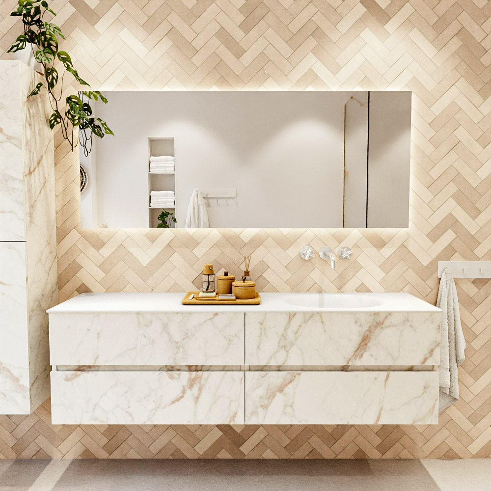 MONDIAZ VICA 170cm mueble de baño Carrara 4 cajones. Lavabo MOON Derecho sin orificio, color Talc. 2 color Talc.