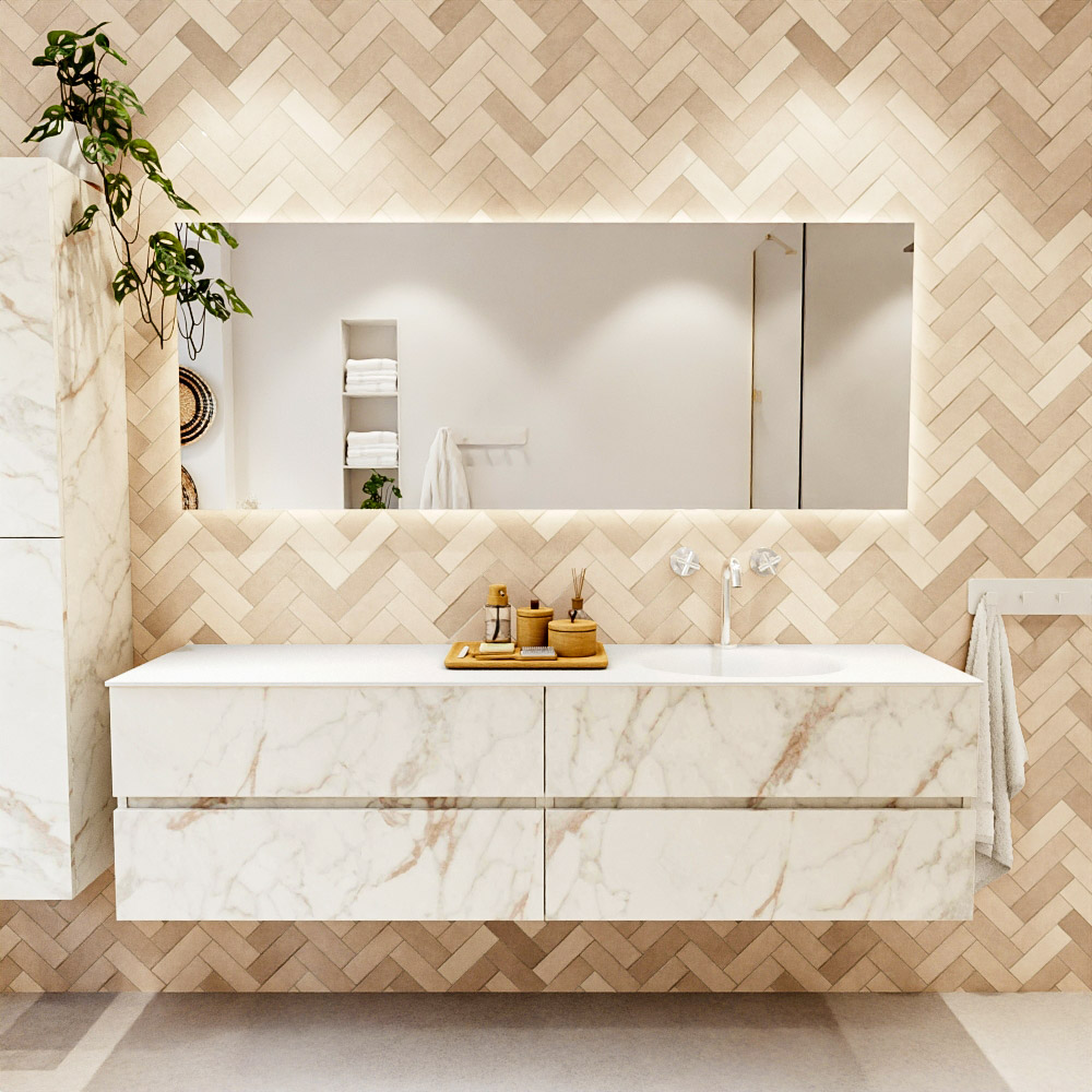 MONDIAZ VICA 180cm mueble de baño Carrara 4 cajones. Lavabo MOON Derecho 1 orificio, color Talc. 2 color Talc.
