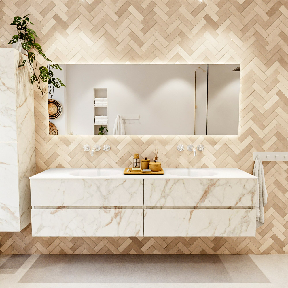 MONDIAZ VICA 190cm mueble de baño Carrara 4 cajones. Lavabo MOON Doble sin orificio, color Talc. 2 color Talc.