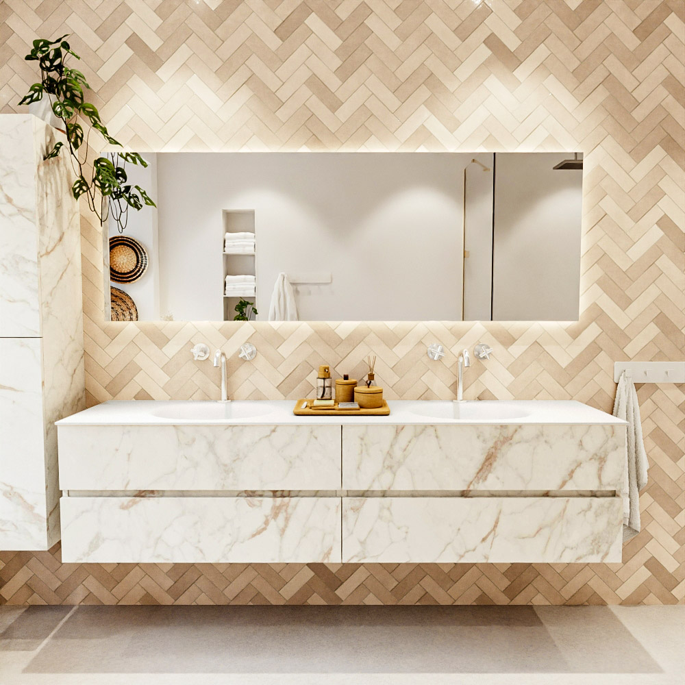 MONDIAZ VICA 200cm mueble de baño Carrara 4 cajones. Lavabo MOON Doble 2 orificios, color Talc. 2 color Talc.
