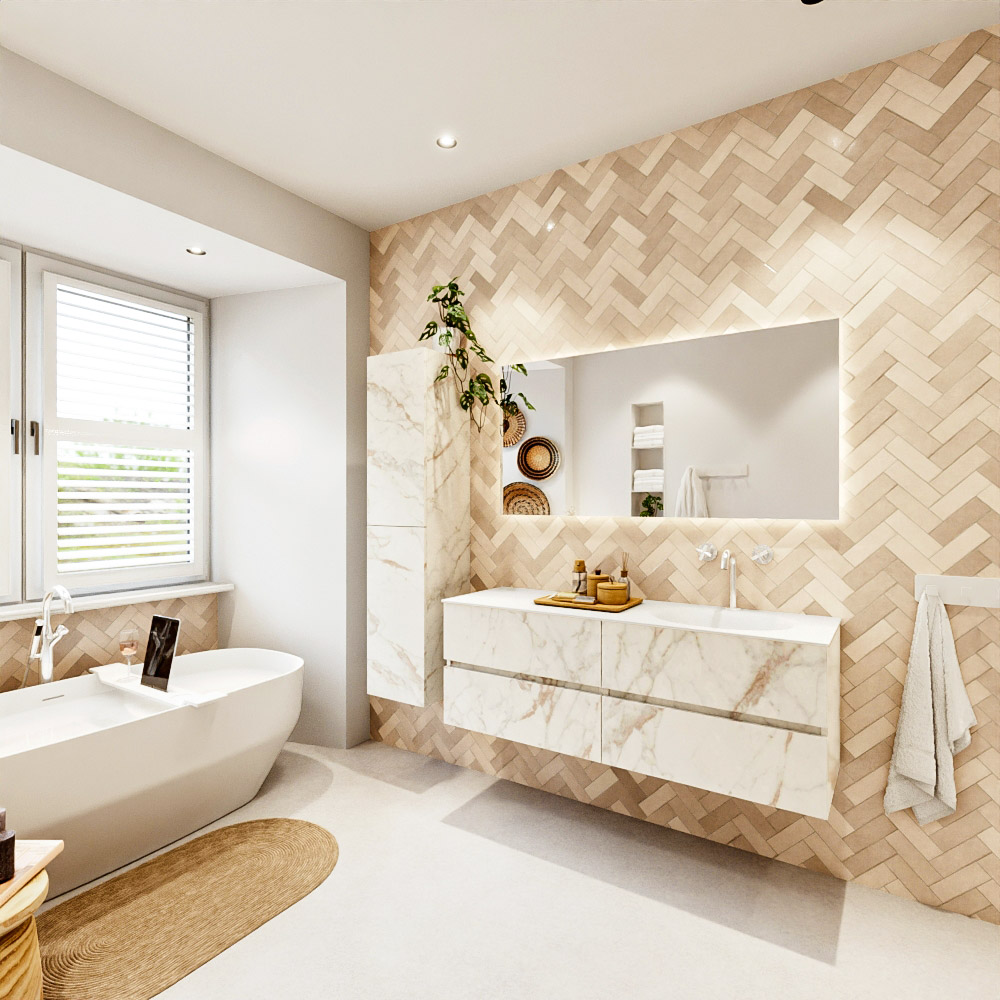 MONDIAZ VICA 140cm mueble de baño Carrara 4 cajones. Lavabo MOON Derecho 1 orificio, color Talc. 4 MONDIAZ VICA 140cm mueble de baño Carrara 4 cajones. Lavabo MOON Derecho 1 orificio, color Talc. - Imagen 4