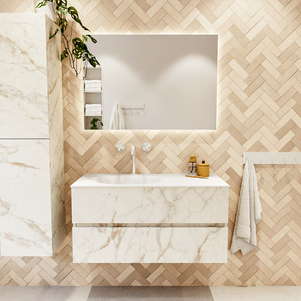 MONDIAZ VICA 100cm mueble de baño Carrara 2 cajones. Lavabo MOON Izquierda 1 orificio color Talc con espejo LED. 2 MONDIAZ VICA 100cm mueble de baño Carrara 2 cajones. Lavabo MOON Izquierda 1 orificio color Talc con espejo LED. - Imagen 2
