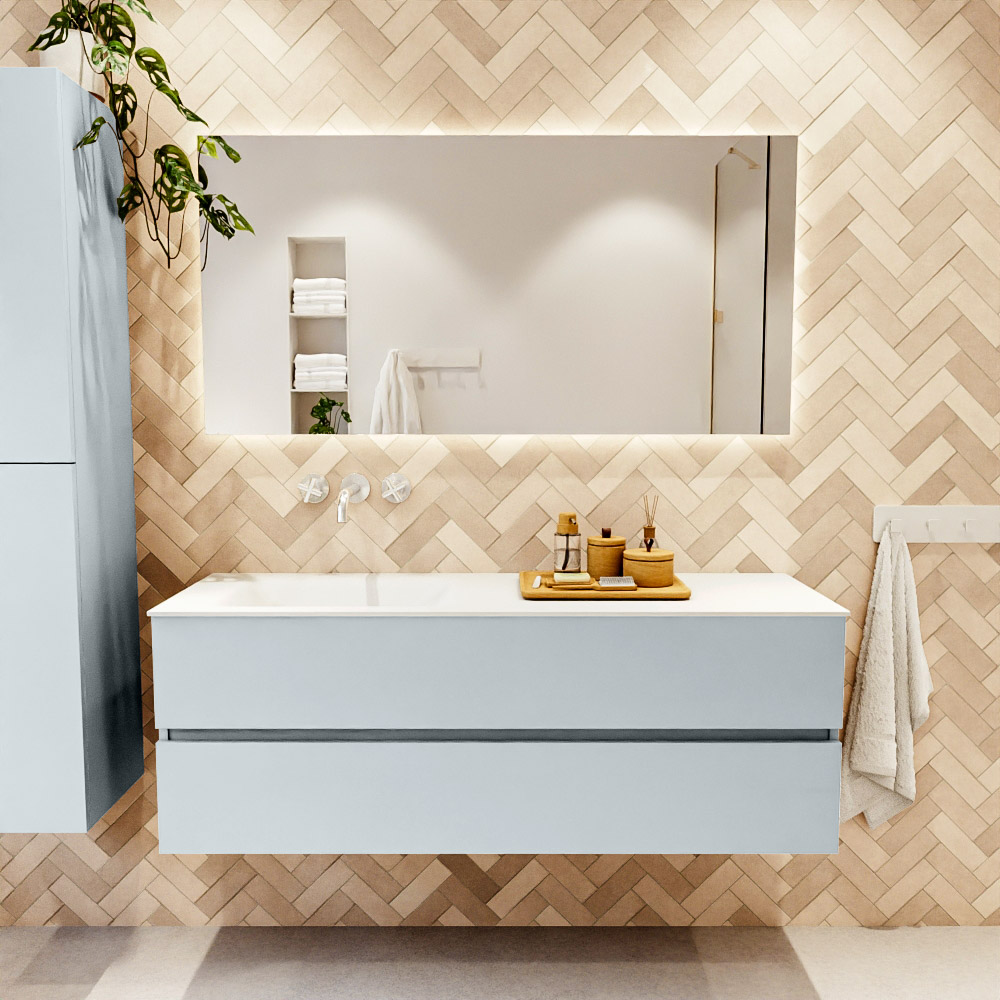 MONDIAZ VICA 140cm mueble de baño Clay 2 cajones. Lavabo CLOUD Izquierda sin orificio, color Talc. 2 color Talc.