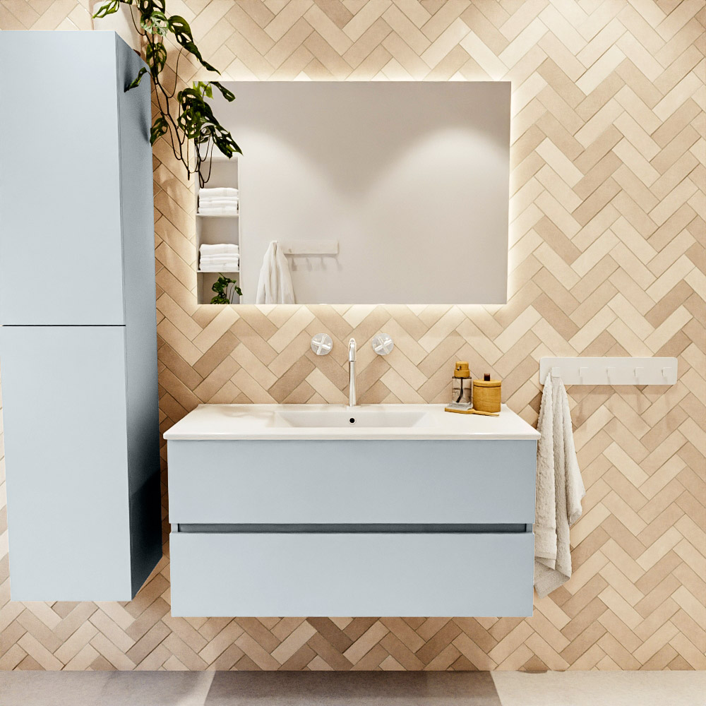 MONDIAZ VICA 100cm mueble de baño Clay 2 cajones. Lavabo DENIA Centro 1 orificio, color Blanco brillo. 2 color Blanco brillo.