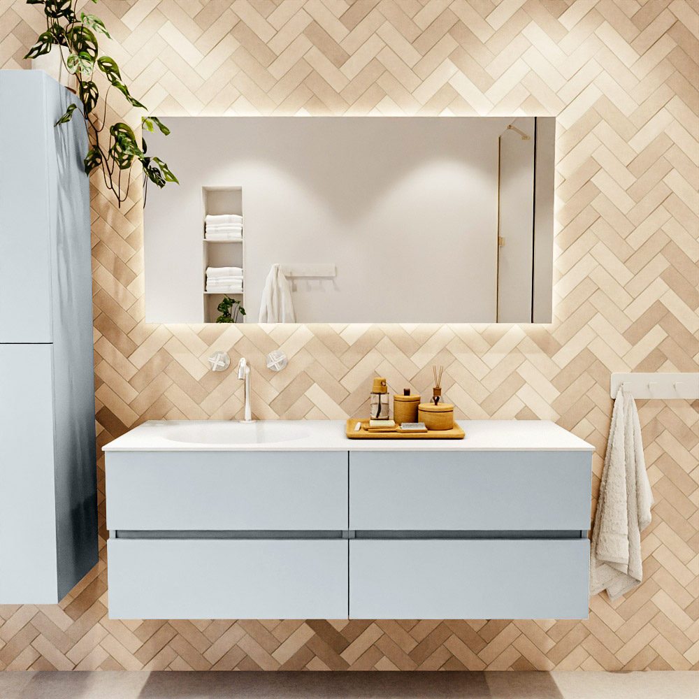 MONDIAZ VICA 140cm mueble de baño Clay 4 cajones. Lavabo MOON Izquierda 1 orificio, color Talc. 2 color Talc.
