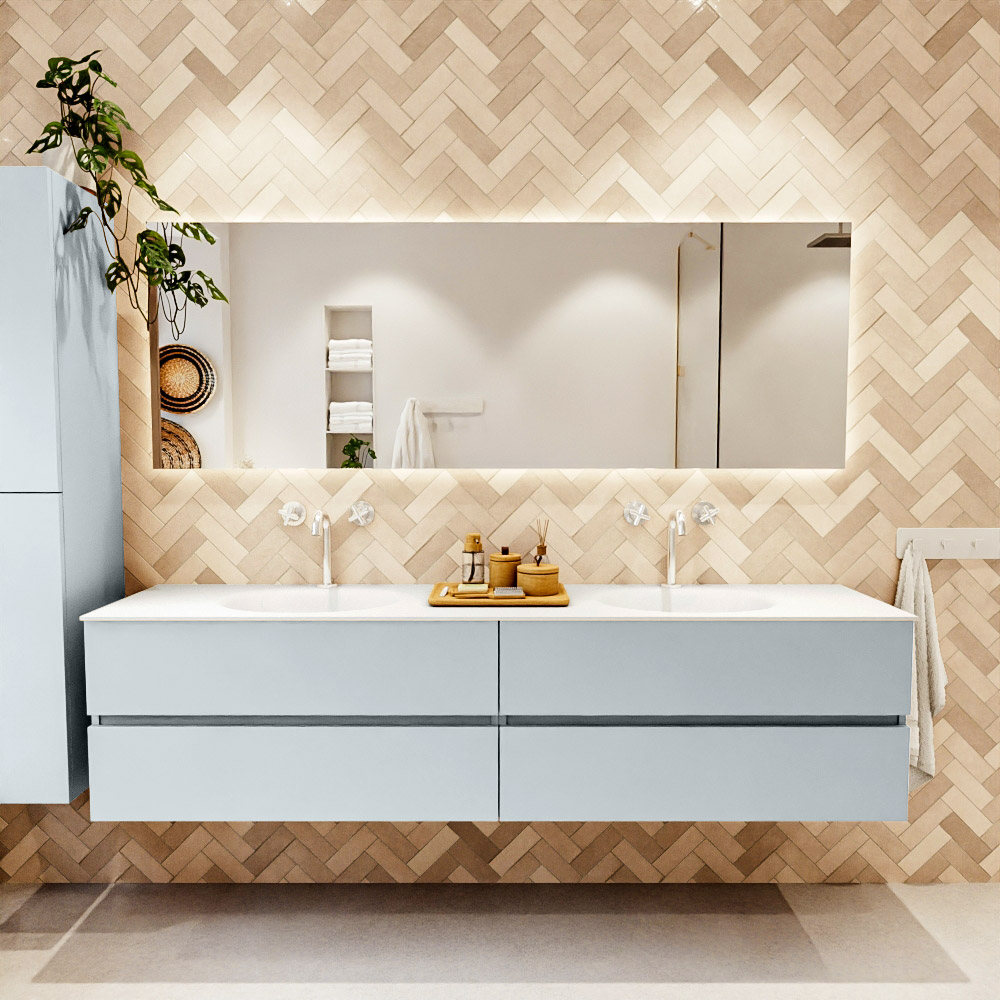MONDIAZ VICA 200cm mueble de baño Clay 4 cajones. Lavabo MOON Doble 2 orificios, color Talc. 2 color Talc.