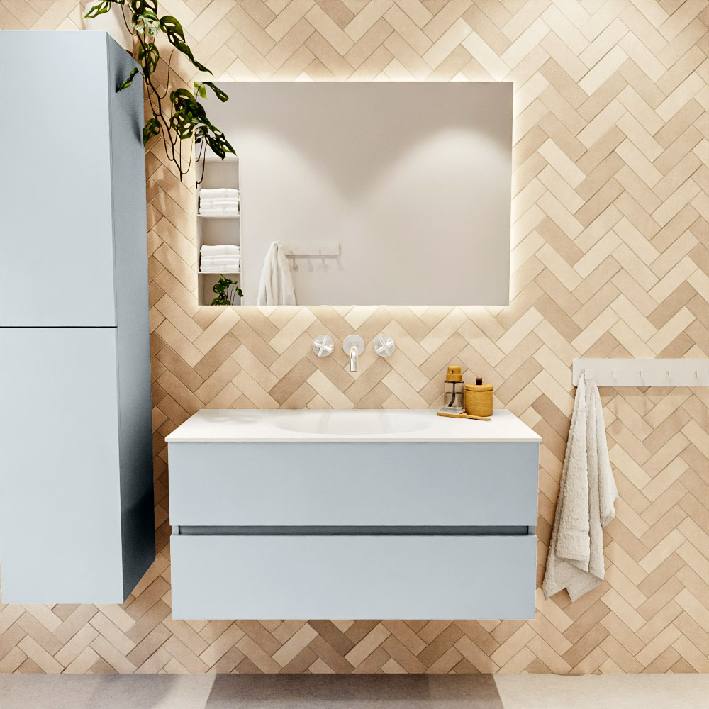 MONDIAZ VICA 100cm mueble de baño Clay 2 cajones. Lavabo MOON Centro sin orificio color Talc con espejo LED. 2 MONDIAZ VICA 100cm mueble de baño Clay 2 cajones. Lavabo MOON Centro sin orificio color Talc con espejo LED. - Imagen 2