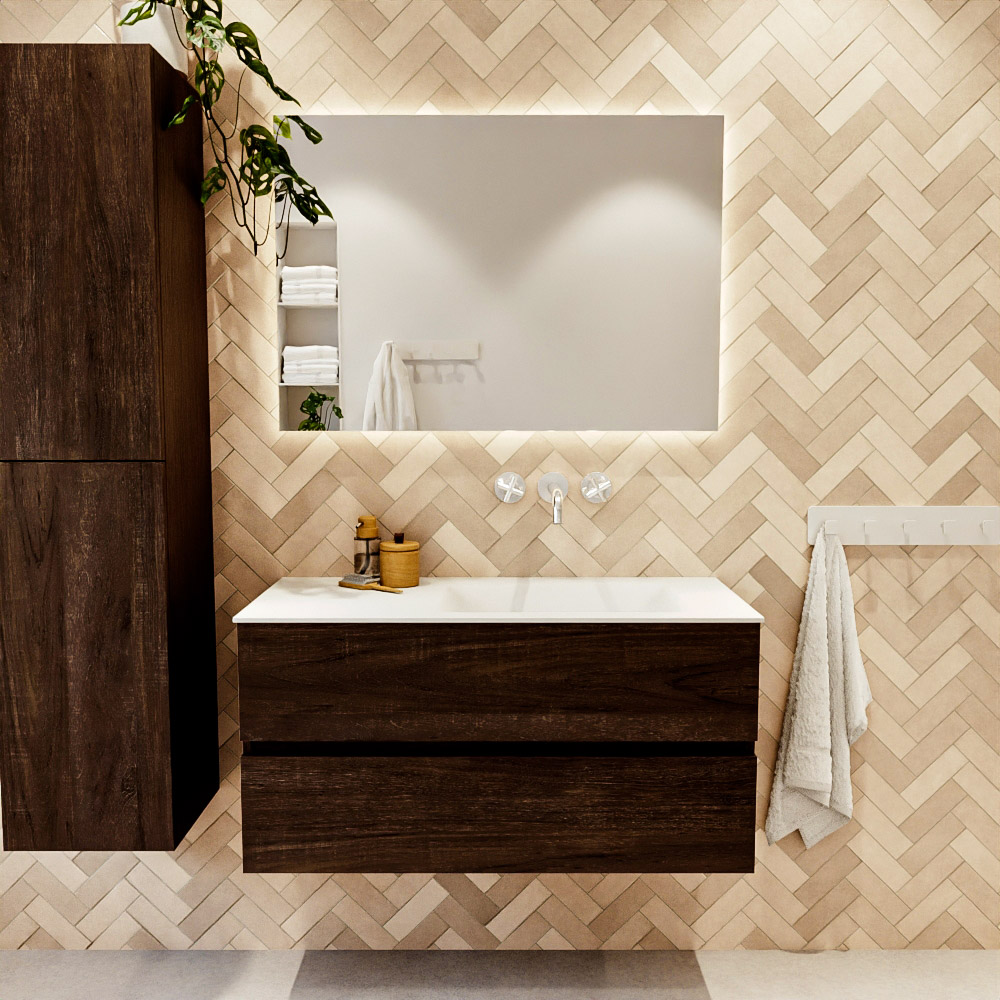 MONDIAZ VICA 100cm mueble de baño Dark Brown 2 cajones. Lavabo CLOUD Derecho sin orificio color Talc con espejo LED. 2 MONDIAZ VICA 100cm mueble de baño Dark Brown 2 cajones. Lavabo CLOUD Derecho sin orificio color Talc con espejo LED. - Imagen 2