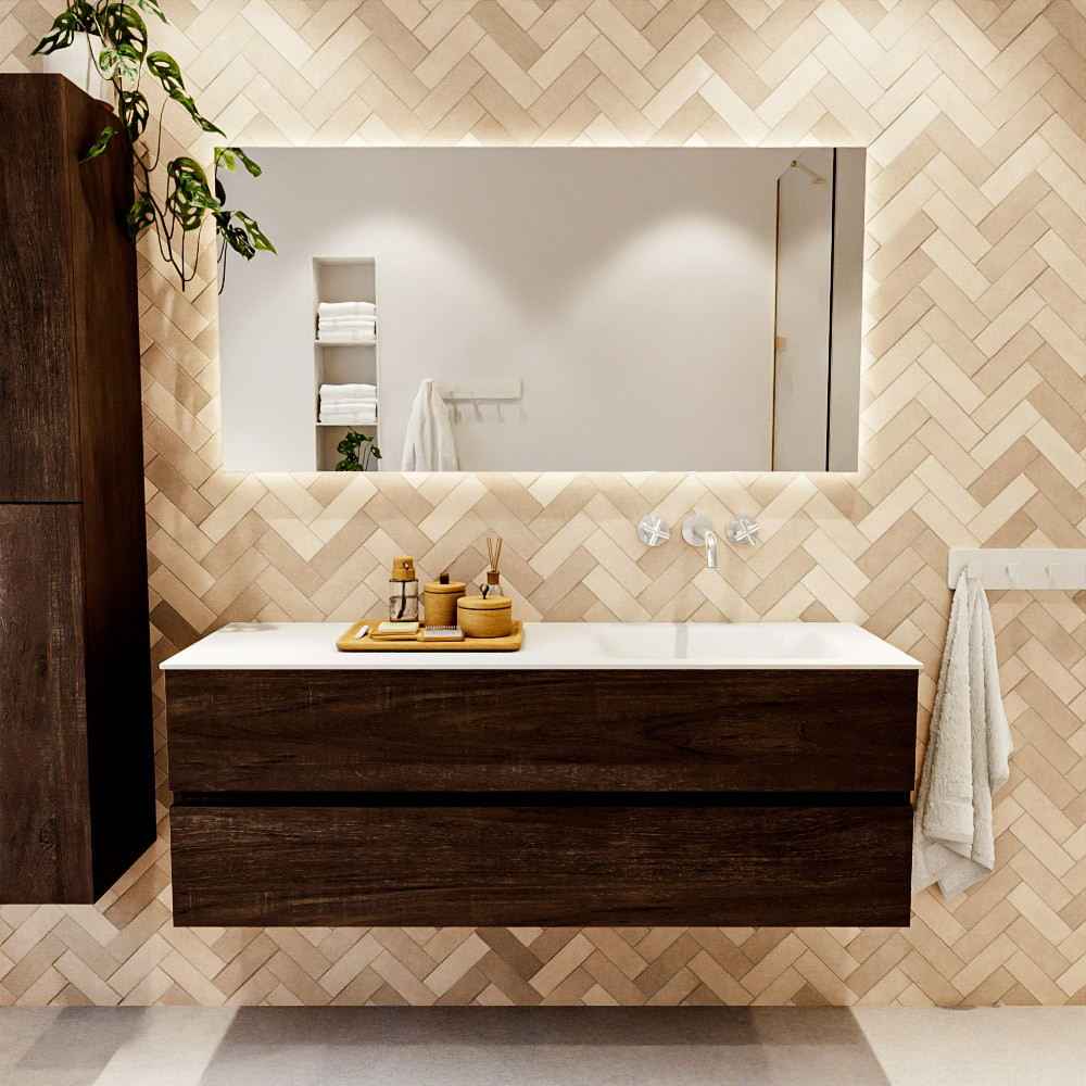 MONDIAZ VICA 140cm mueble de baño Dark Brown 2 cajones. Lavabo CLOUD Derecho sin orificio, color Talc. 2 color Talc.