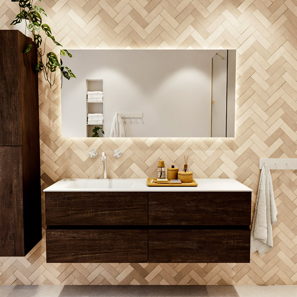 MONDIAZ VICA 140cm mueble de baño Dark Brown 4 cajones. Lavabo CLOUD Izquierda 1 orificio, color Talc. 2 color Talc.